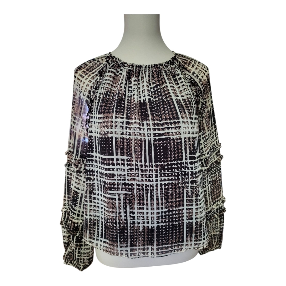 Evereve Miley Plaid Chiffon Blouse XS Black White Brown Long‎ Sleeve Sheer Lined